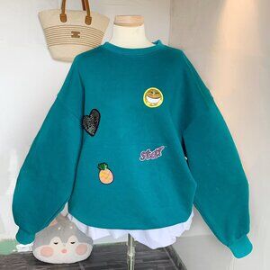 Cute Patch Teal Sweatshirt Soft Cozy